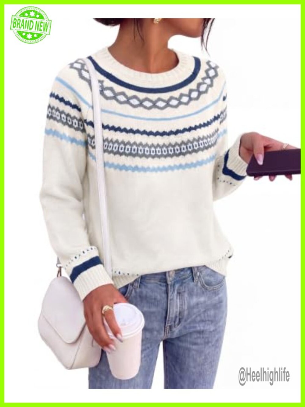 Womens Fair Isle Patterned Knit Pullover Sweater Crew Neck Long Sleeve